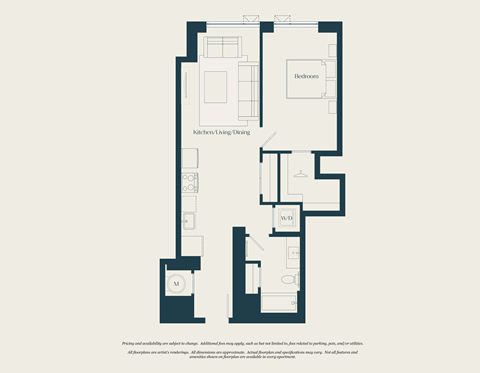 Floor plan for 1 bed, 1 bath, 727 sqft
